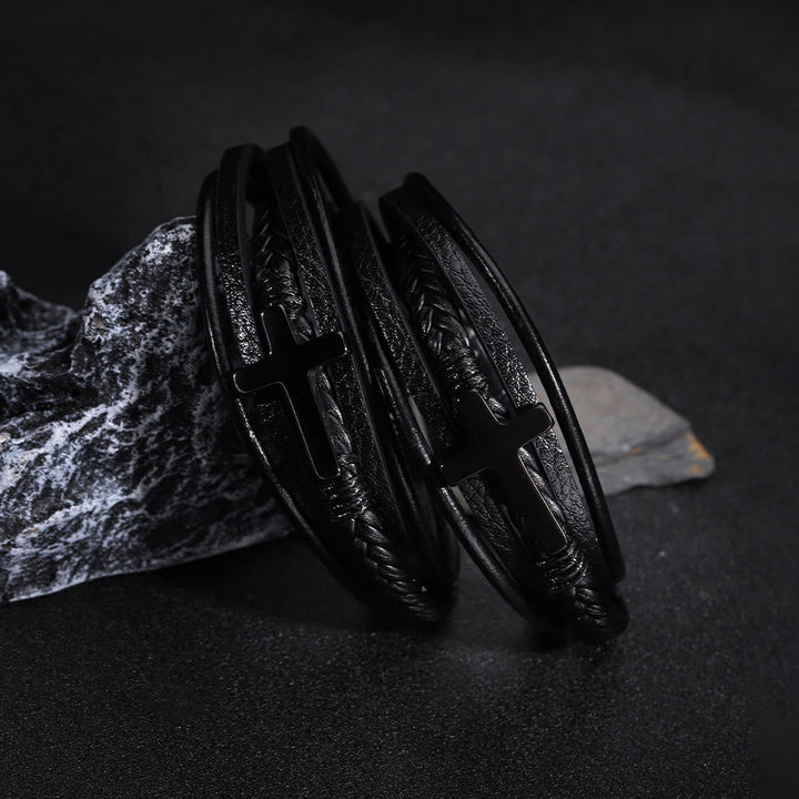 Cross of Black Leather Cuff Band Bracelet
