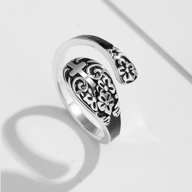 Adjustable 925 Sterling Silver Engraved Cross Ring - Elegance in Devotion