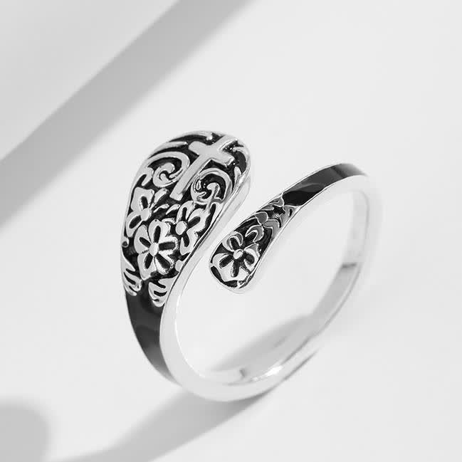 Adjustable 925 Sterling Silver Engraved Cross Ring - Elegance in Devotion