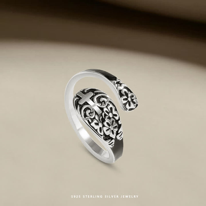 Adjustable 925 Sterling Silver Engraved Cross Ring - Elegance in Devotion