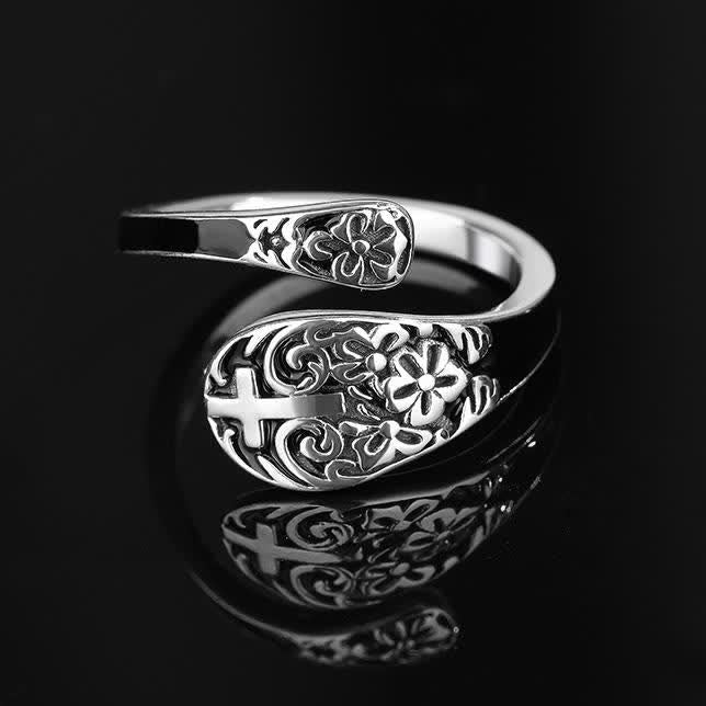 Adjustable 925 Sterling Silver Engraved Cross Ring - Elegance in Devotion