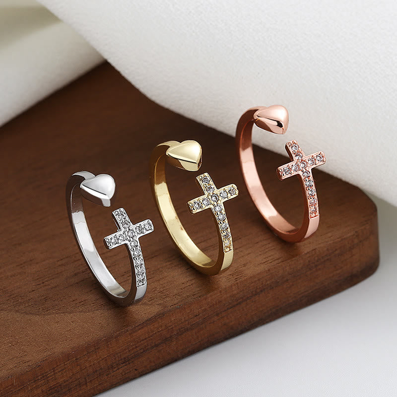 3 Color Heart & Cross Symbol Blessed Minimalist Adjustable Ring