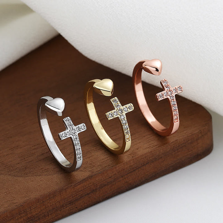 3 Color Heart & Cross Symbol Blessed Minimalist Adjustable Ring