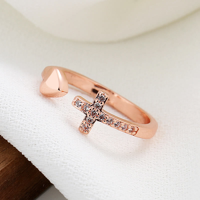 3 Color Heart & Cross Symbol Blessed Minimalist Adjustable Ring