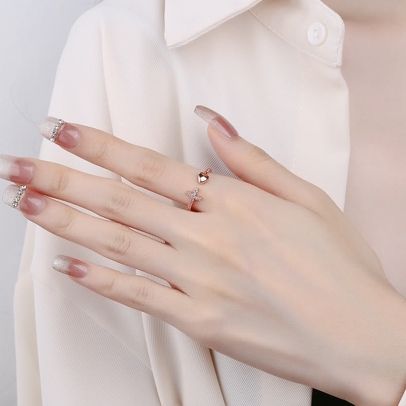 3 Color Heart & Cross Symbol Blessed Minimalist Adjustable Ring