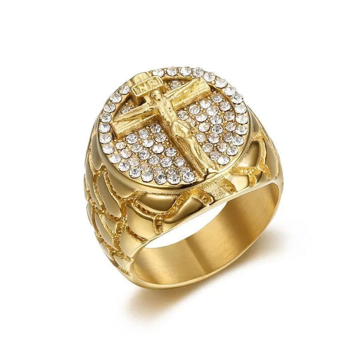Adorn Your Faith: The Divine Golden Pattern Gemstones Crucifix Ring