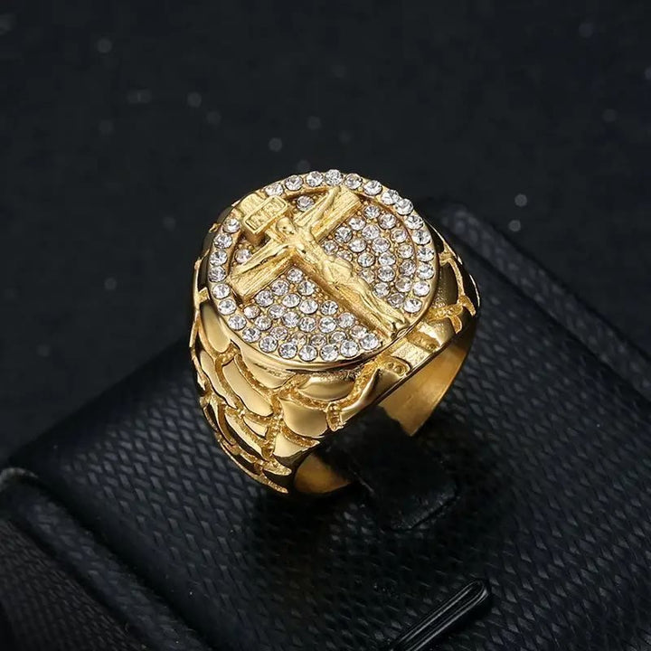 Adorn Your Faith: The Divine Golden Pattern Gemstones Crucifix Ring