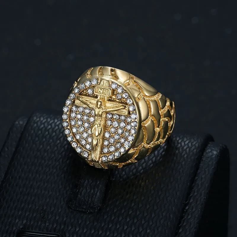 Adorn Your Faith: The Divine Golden Pattern Gemstones Crucifix Ring