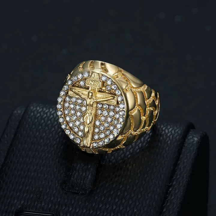 Adorn Your Faith: The Divine Golden Pattern Gemstones Crucifix Ring