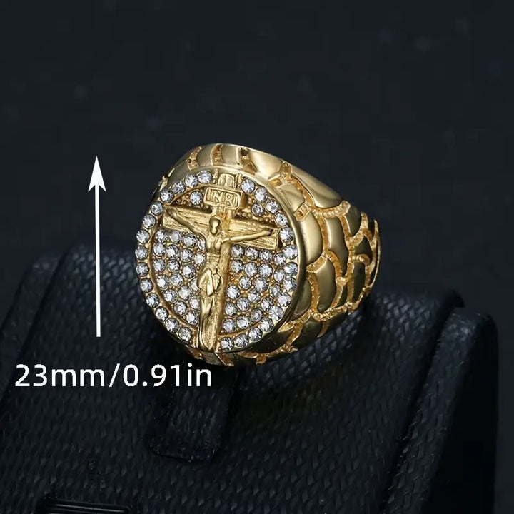 Adorn Your Faith: The Divine Golden Pattern Gemstones Crucifix Ring