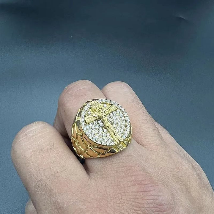 Adorn Your Faith: The Divine Golden Pattern Gemstones Crucifix Ring