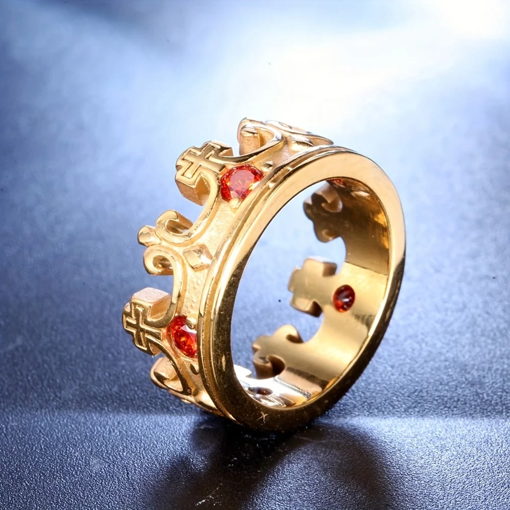 4colors The Crown of Faith Cross Ring - Red Gemstones Set Divine Design for Believer