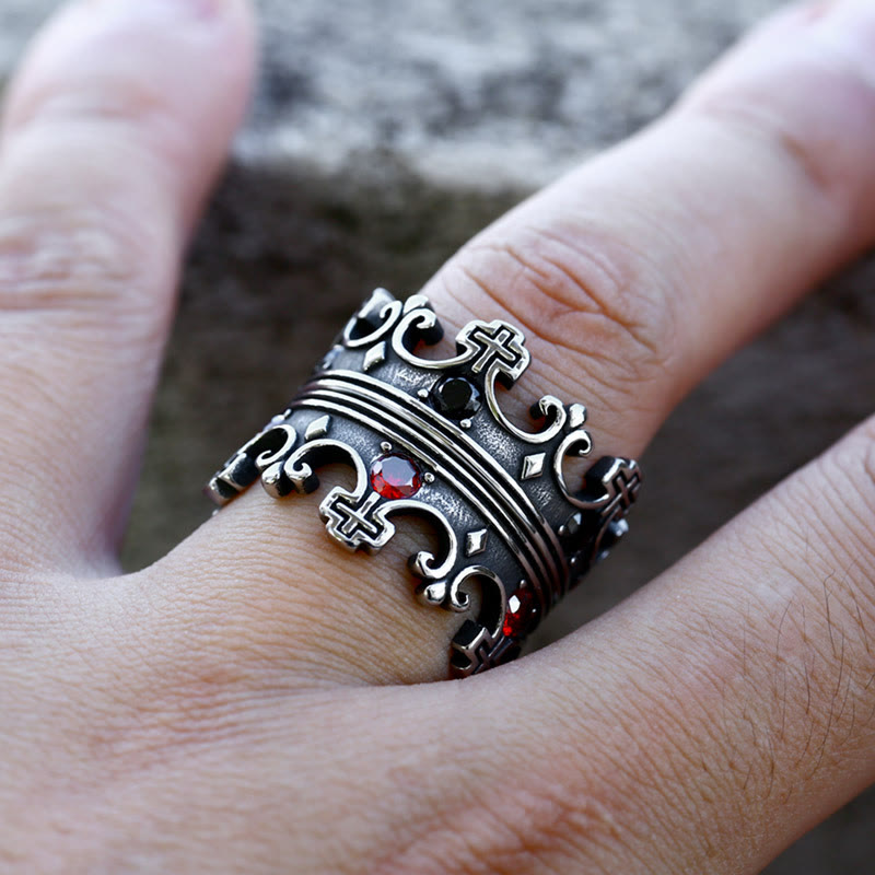 4colors The Crown of Faith Cross Ring - Red Gemstones Set Divine Design for Believer