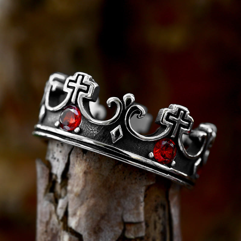 4colors The Crown of Faith Cross Ring - Red Gemstones Set Divine Design for Believer