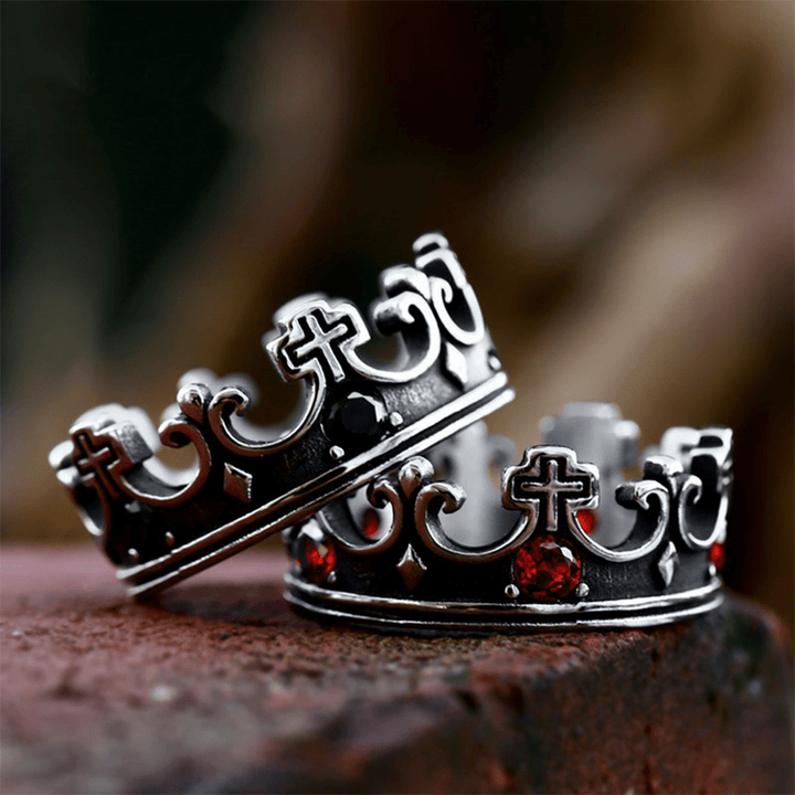 4colors The Crown of Faith Cross Ring - Red Gemstones Set Divine Design for Believer