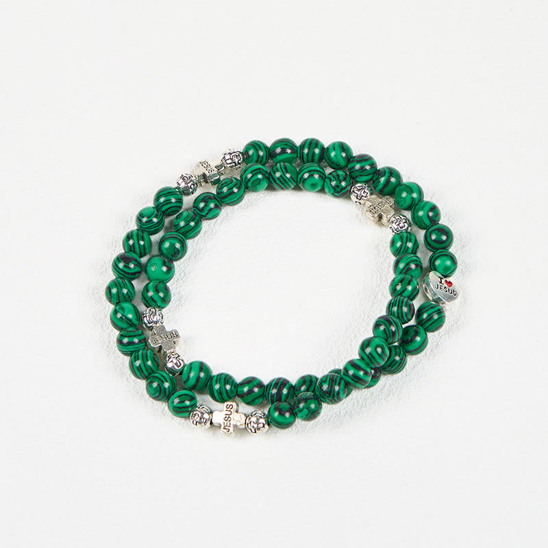 Green Malachite Beads Cross I Love Jesus Faith Rosary Bracelet