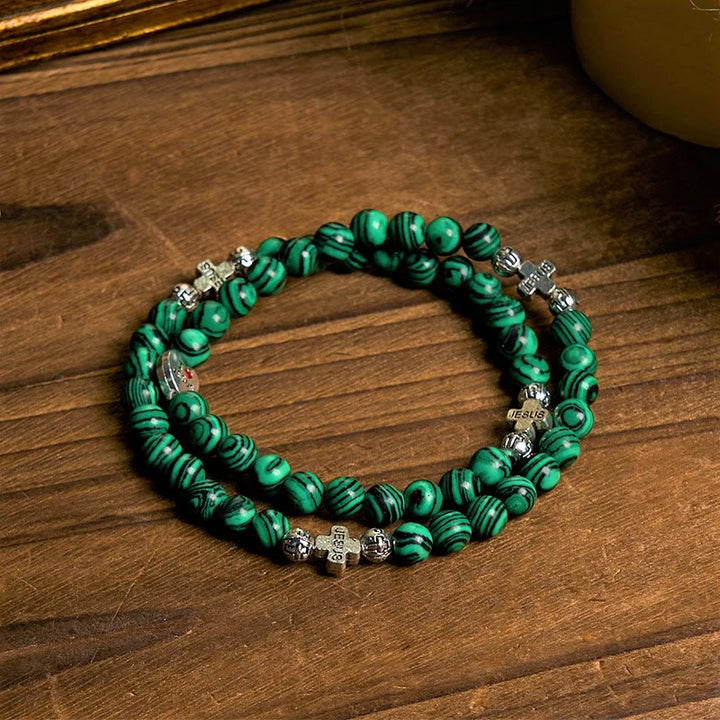 Green Malachite Beads Cross I Love Jesus Faith Rosary Bracelet