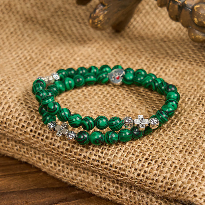 Green Malachite Beads Cross I Love Jesus Faith Rosary Bracelet