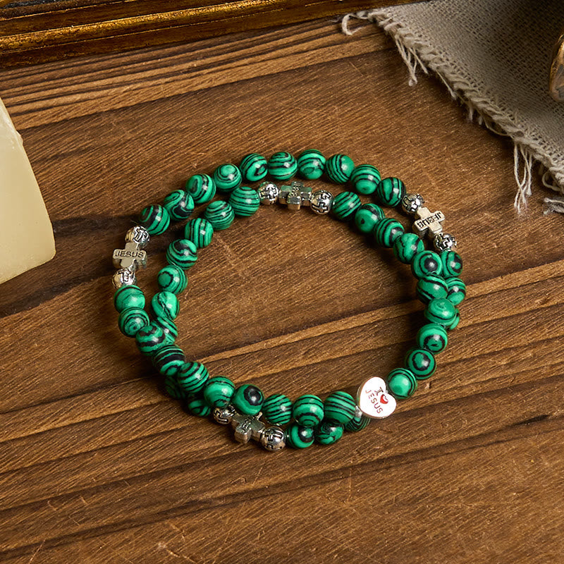 Green Malachite Beads Cross I Love Jesus Faith Rosary Bracelet