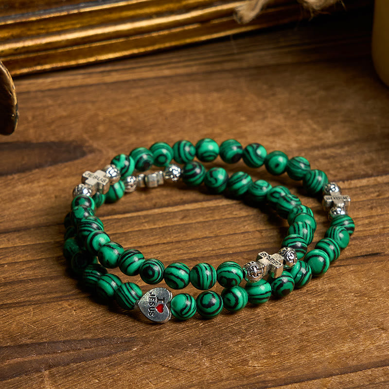 Green Malachite Beads Cross I Love Jesus Faith Rosary Bracelet