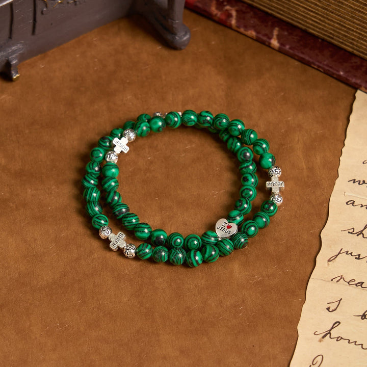 Green Malachite Beads Cross I Love Jesus Faith Rosary Bracelet