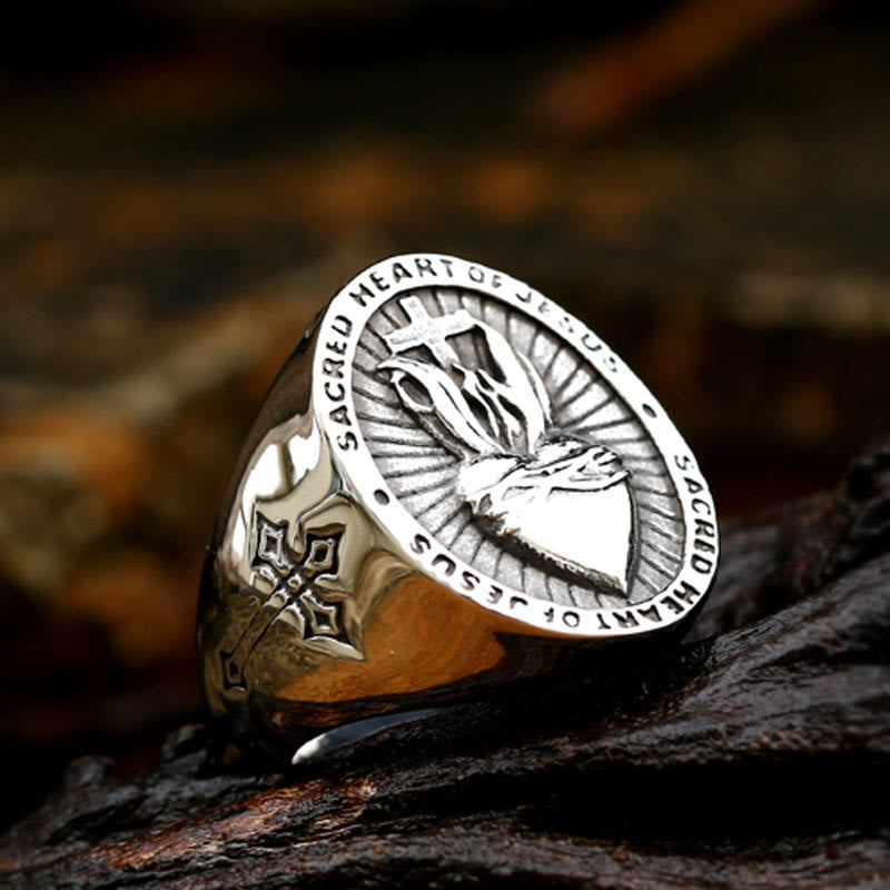 3 Colors Sacred Heart Of Jesus Cross Faith Spirit Blessing Ring