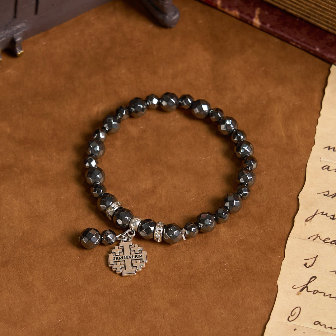 Shiny Black Gallstone Jerusalem - Inspired Bracelet: A Symbol of Faith