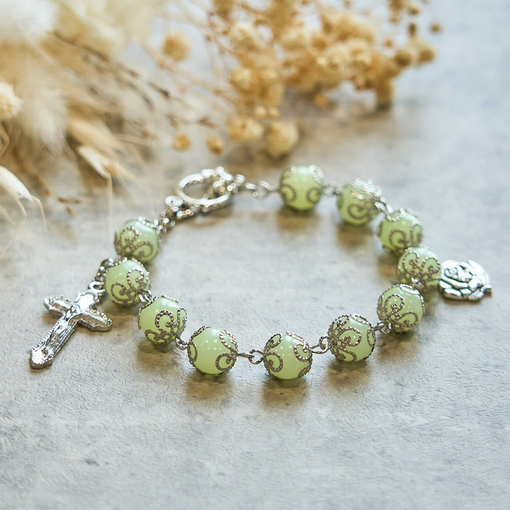 Green Beads Crucifix Rose Luminous Bracelet: Dreamy Light of Faith