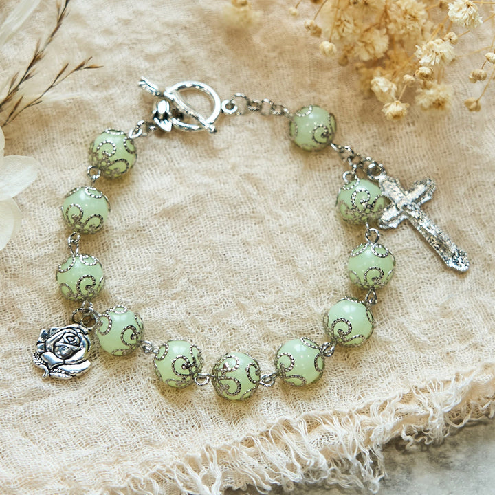 Green Beads Crucifix Rose Luminous Bracelet: Dreamy Light of Faith