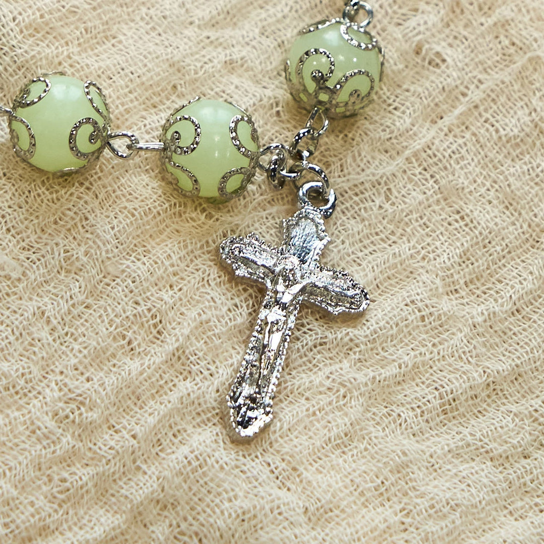 Green Beads Crucifix Rose Luminous Bracelet: Dreamy Light of Faith