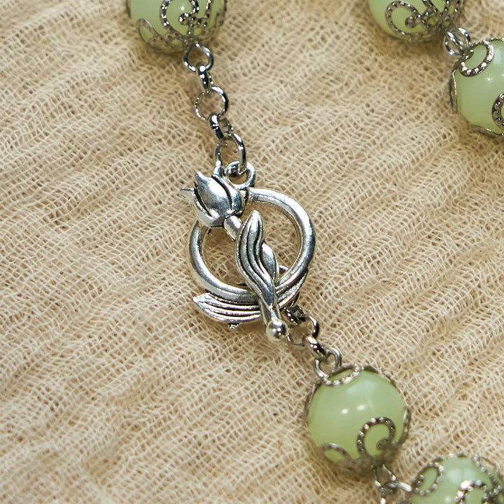 Green Beads Crucifix Rose Luminous Bracelet: Dreamy Light of Faith