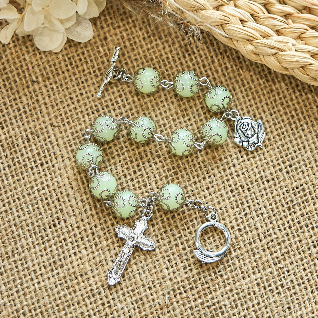 Green Beads Crucifix Rose Luminous Bracelet: Dreamy Light of Faith