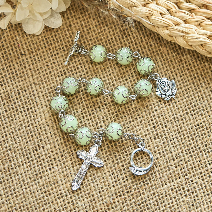 Green Beads Crucifix Rose Luminous Bracelet: Dreamy Light of Faith