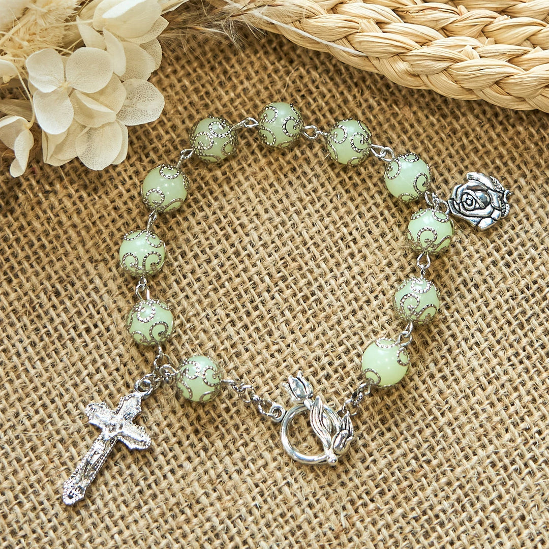 Green Beads Crucifix Rose Luminous Bracelet: Dreamy Light of Faith