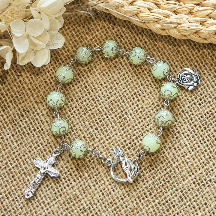 Green Beads Crucifix Rose Luminous Bracelet: Dreamy Light of Faith