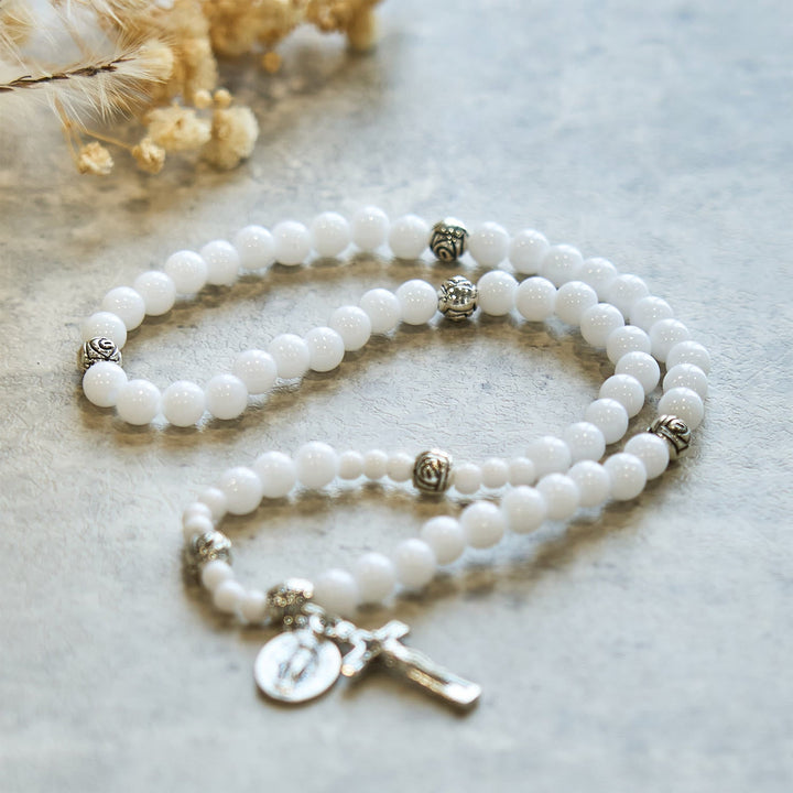 6mm White Bead Miraculous Medal & Crucifix Rosary Bracelet: A Symbol of Faith
