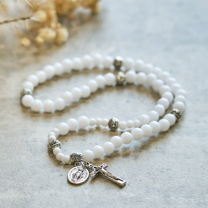 6mm White Bead Miraculous Medal & Crucifix Rosary Bracelet: A Symbol of Faith