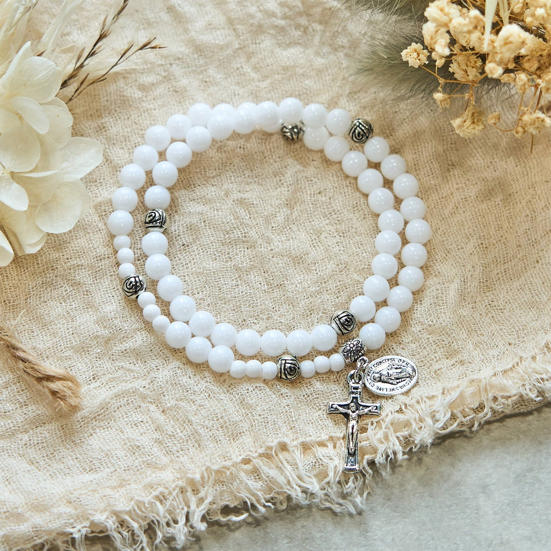 6mm White Bead Miraculous Medal & Crucifix Rosary Bracelet: A Symbol of Faith