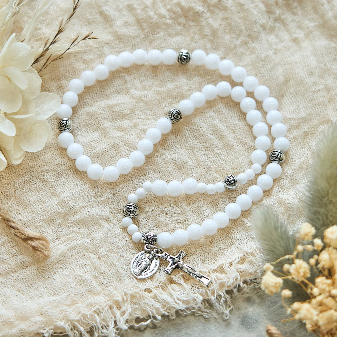 6mm White Bead Miraculous Medal & Crucifix Rosary Bracelet: A Symbol of Faith