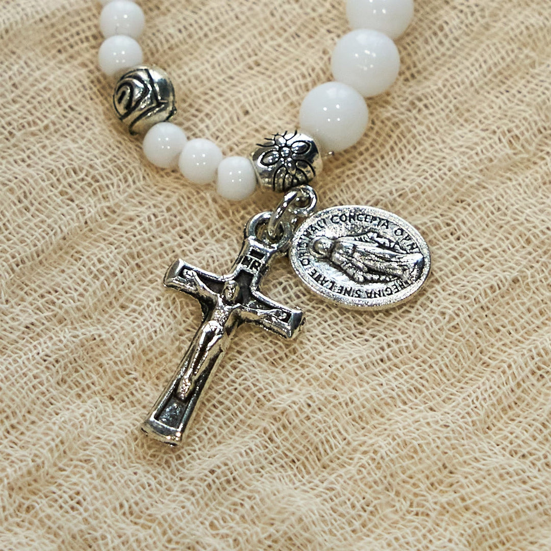 6mm White Bead Miraculous Medal & Crucifix Rosary Bracelet: A Symbol of Faith