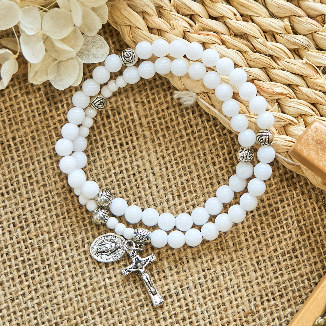 6mm White Bead Miraculous Medal & Crucifix Rosary Bracelet: A Symbol of Faith