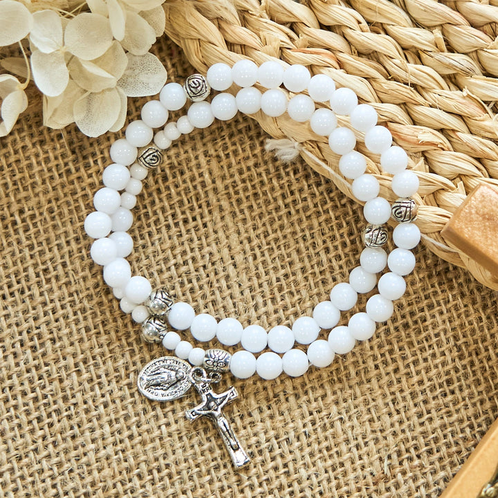6mm White Bead Miraculous Medal & Crucifix Rosary Bracelet: A Symbol of Faith