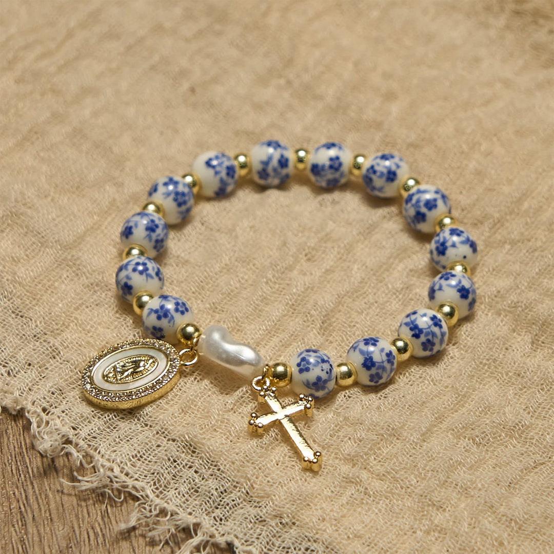 Our Lady Medal & Cross Floral-Inspired Bracelet: Faith Meets Style