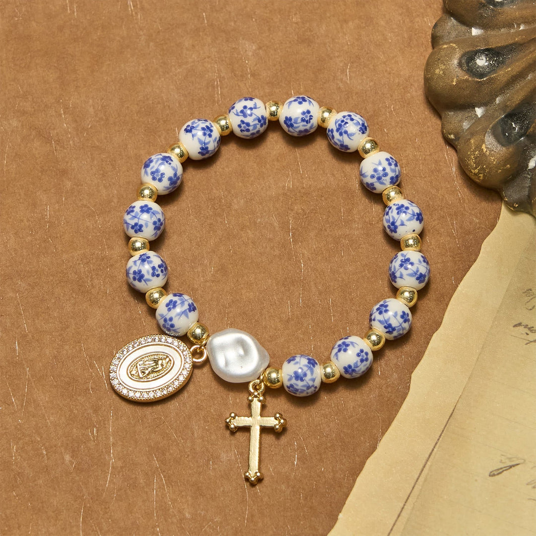 Our Lady Medal & Cross Floral-Inspired Bracelet: Faith Meets Style