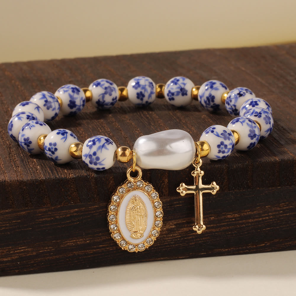 Our Lady Medal & Cross Floral-Inspired Bracelet: Faith Meets Style