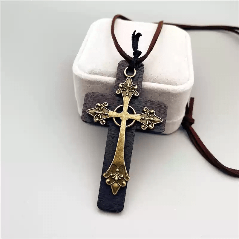 Vintage Double Wood Metal Cross Necklace