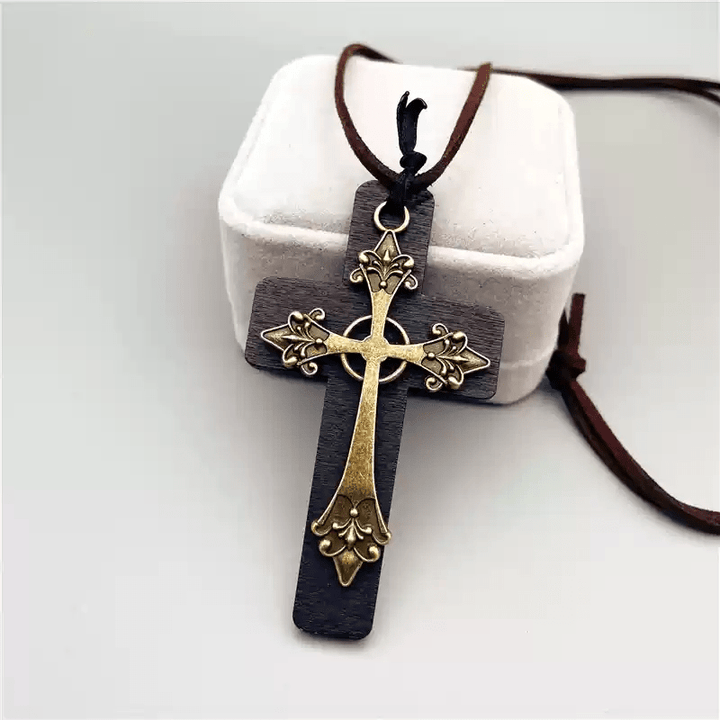 Vintage Double Wood Metal Cross Necklace