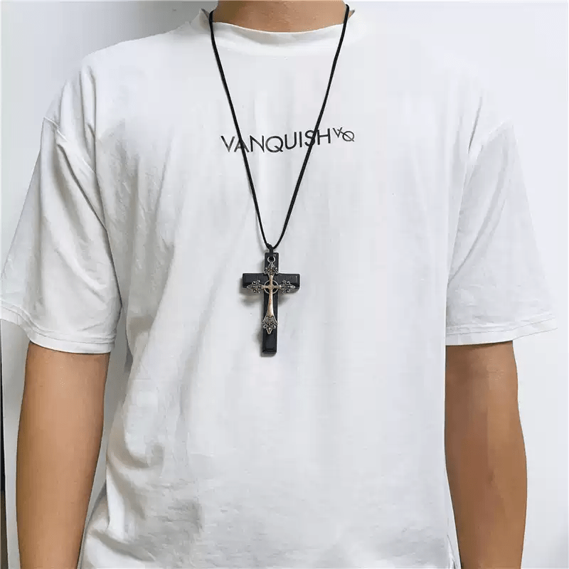 Vintage Double Wood Metal Cross Necklace