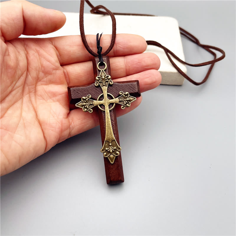 Vintage Double Wood Metal Cross Necklace