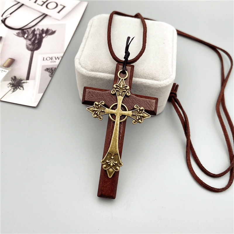Vintage Double Wood Metal Cross Necklace